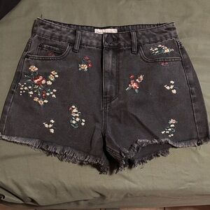 Floral Embroidered Black Denim Shorts